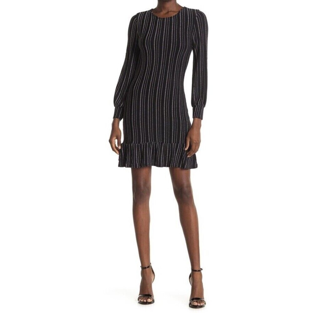 19 Cooper Women's Long Sleeve Ruffle Hem Mini Dress Black Silver Stripe Size M